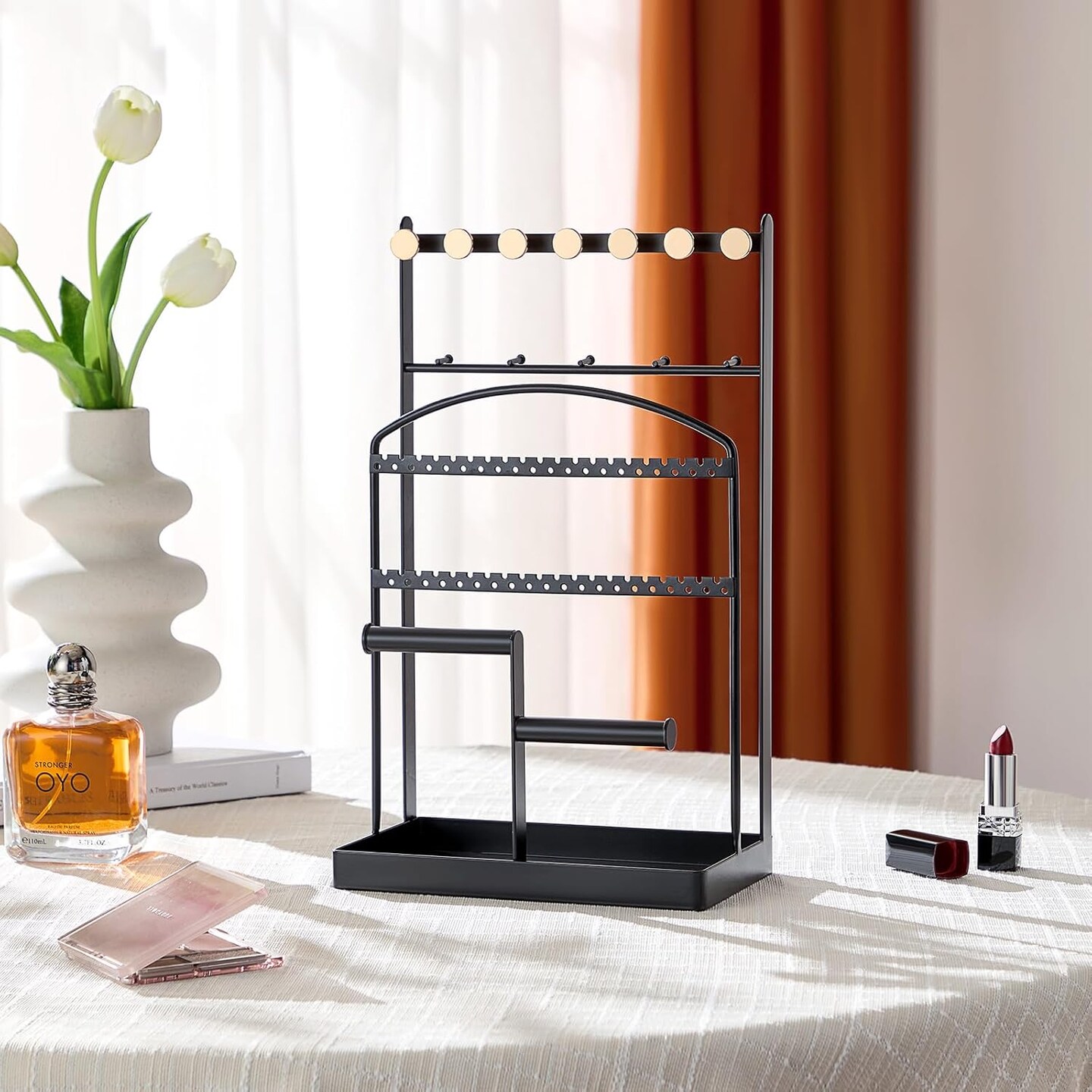 Modern Jewelry Organizer with 6 Compartments Layered Jewelry Tower Organizer Jewelry Box Compact Storage Solution for Earring, Necklace, Ring Collections -Black