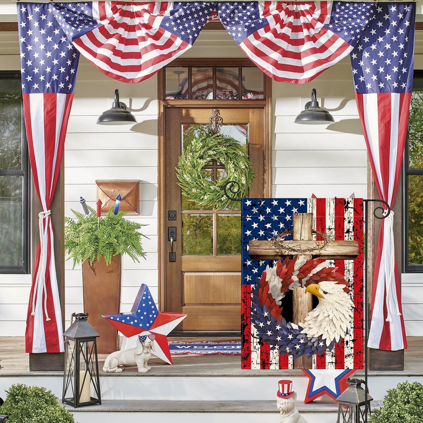 Patriotic Stars and Stripes Eagle Wreath Garden Flag 12x18 Inch Double Sided Outside, USA 4th of July Memorial Day Independence Day Watercolor Yard Outdoor Decoration
