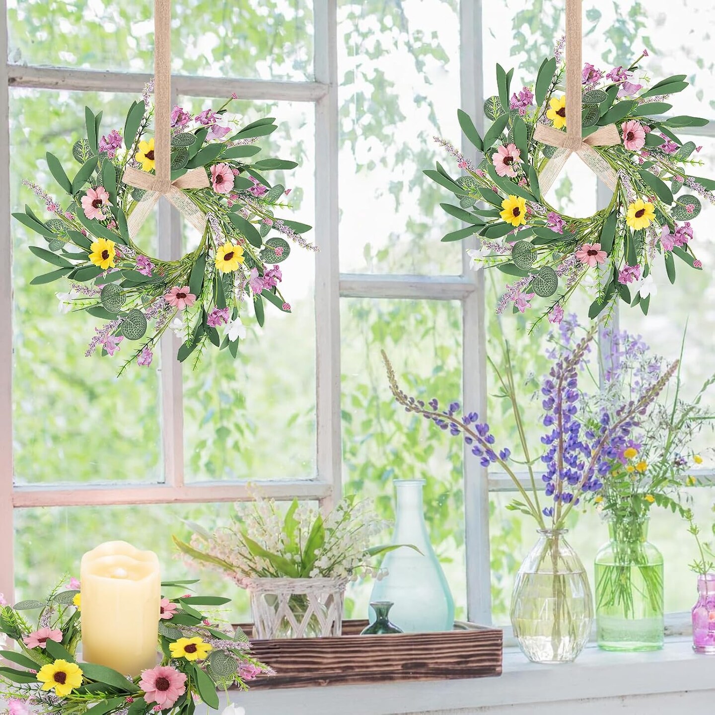 6Pcs Artificial Summer Small Wreaths Mini Floral Wedding Candle Rings Wreaths for Front Door Farmhouse Kitchen Cabinet Wreath