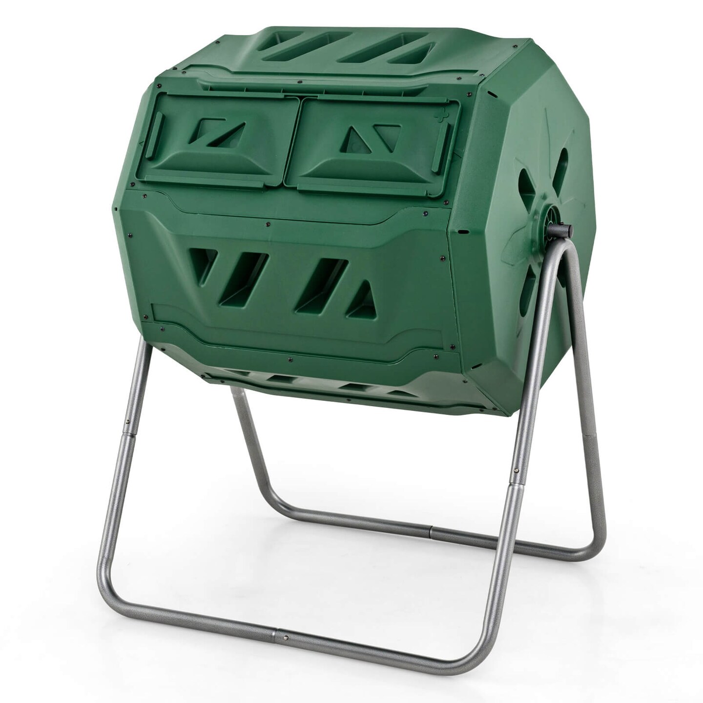 Costway 42-Gal Compost Bin Dual Chamber Composting Tumbler with 2 Sliding Doors Metal Frame Black/Green
