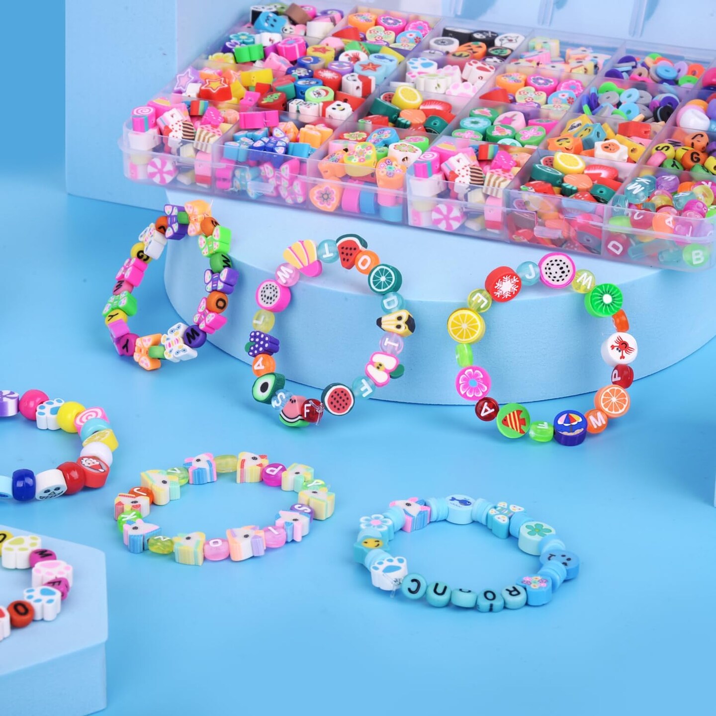1000PCS Polymer Clay Beads Bracelet Making kit, 24 Style Cute Fun Beads Fruit Flower Animal Cake Butterfly Heart Beads Charms