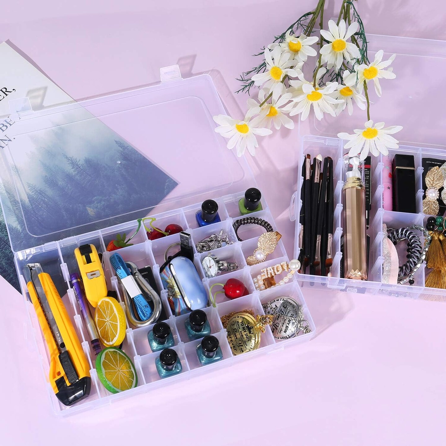 2-Pack 36-Grid Plastic Bead Organizer Boxes – Adjustable Divider Storage for Jewelry Making, Crafts, Screws, Parts, Tackle, and Rock Display