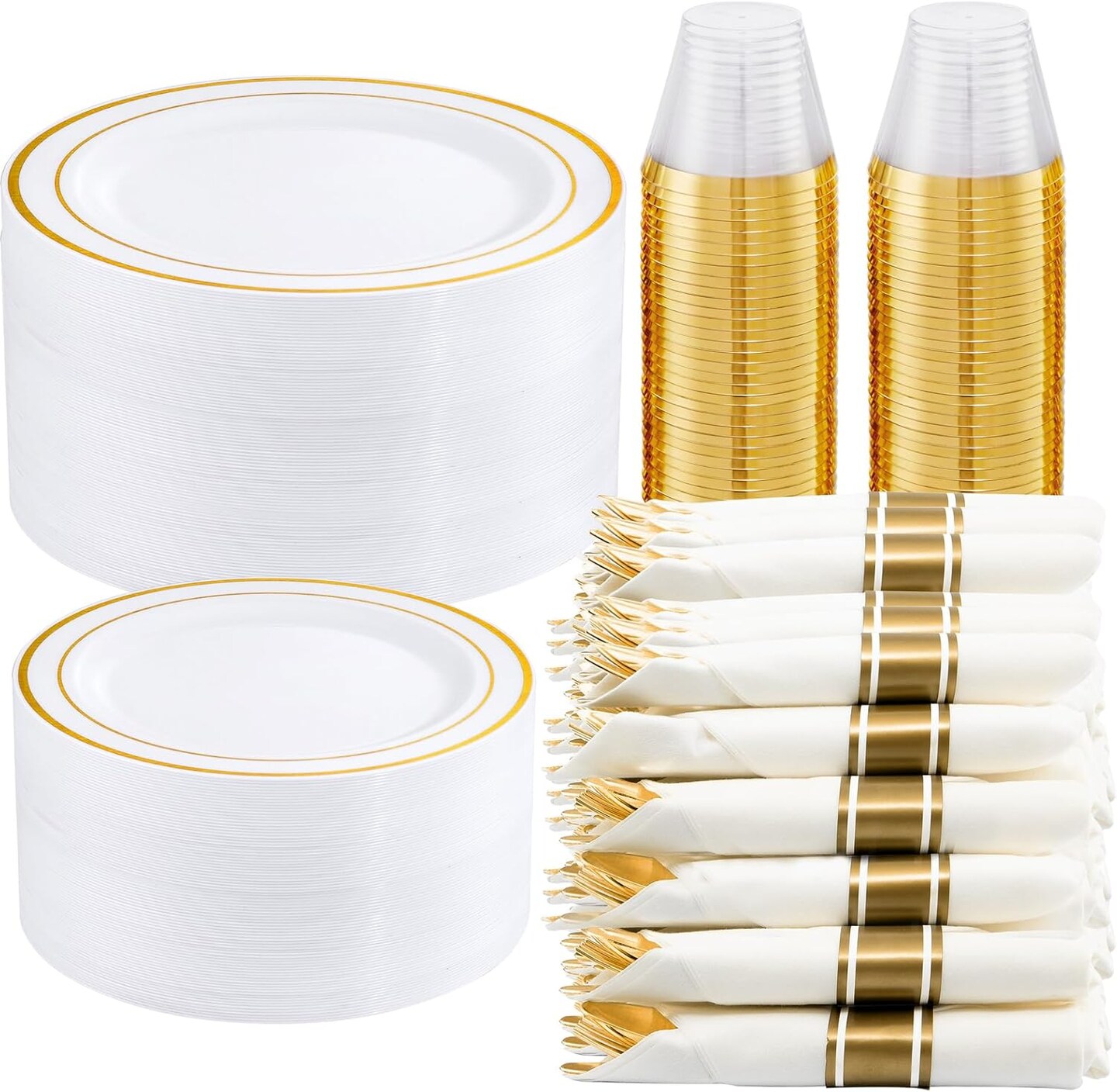 350-Piece Gold Disposable Plates and Cutlery Set - Premium 10.25" Dinner Plates, 7.5" Dessert Plates, 9oz Cups & Cutlery for Weddings, Catering Events - 50 Guest Service - Elegant & Sturdy