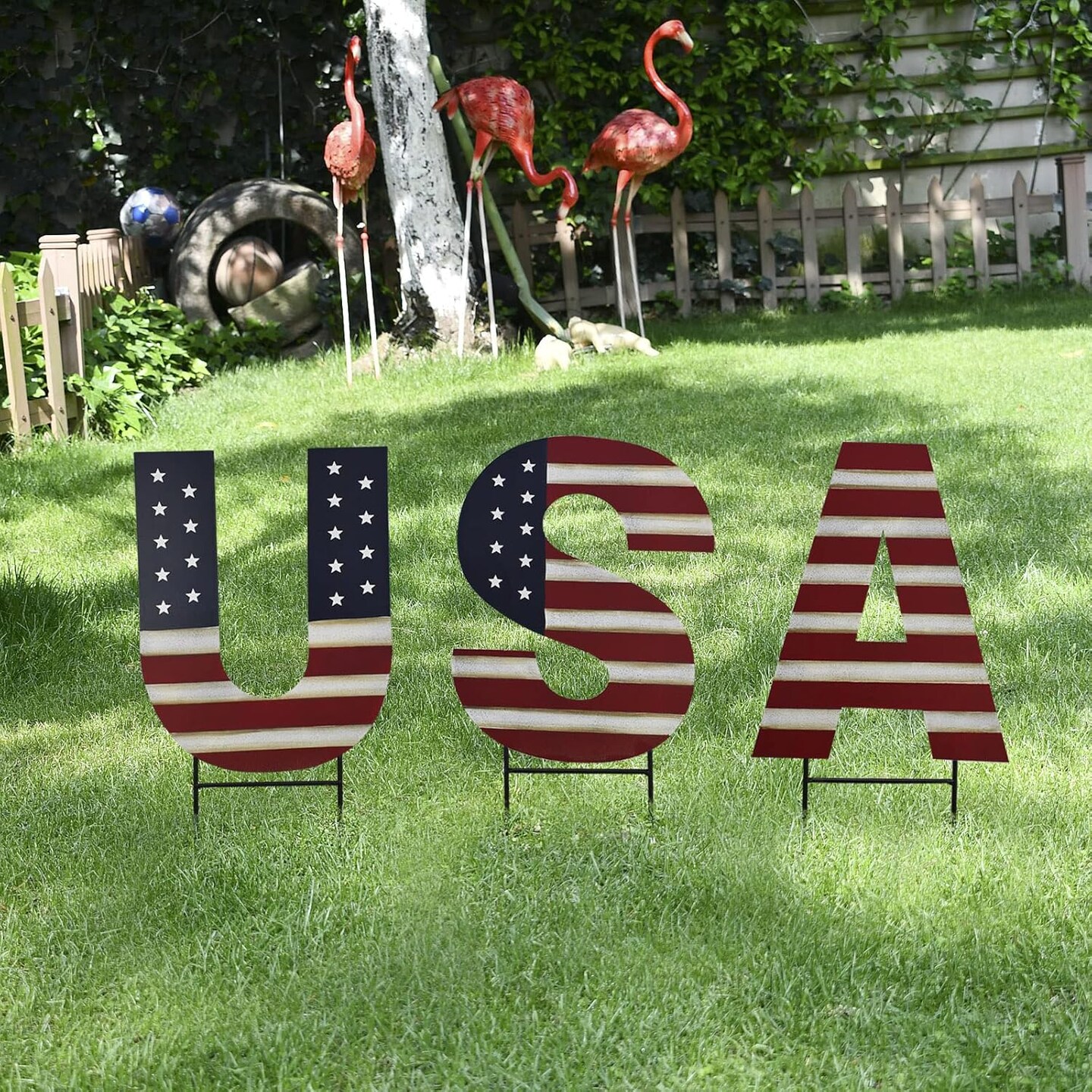 Metal USA Yard Decor Sign Patriotic Garden Stake 4th of July Outdoor Decorations Lawn Stakes Stars Decor American Flag Letter Set for Independence Day Memorial Veterans Day Party