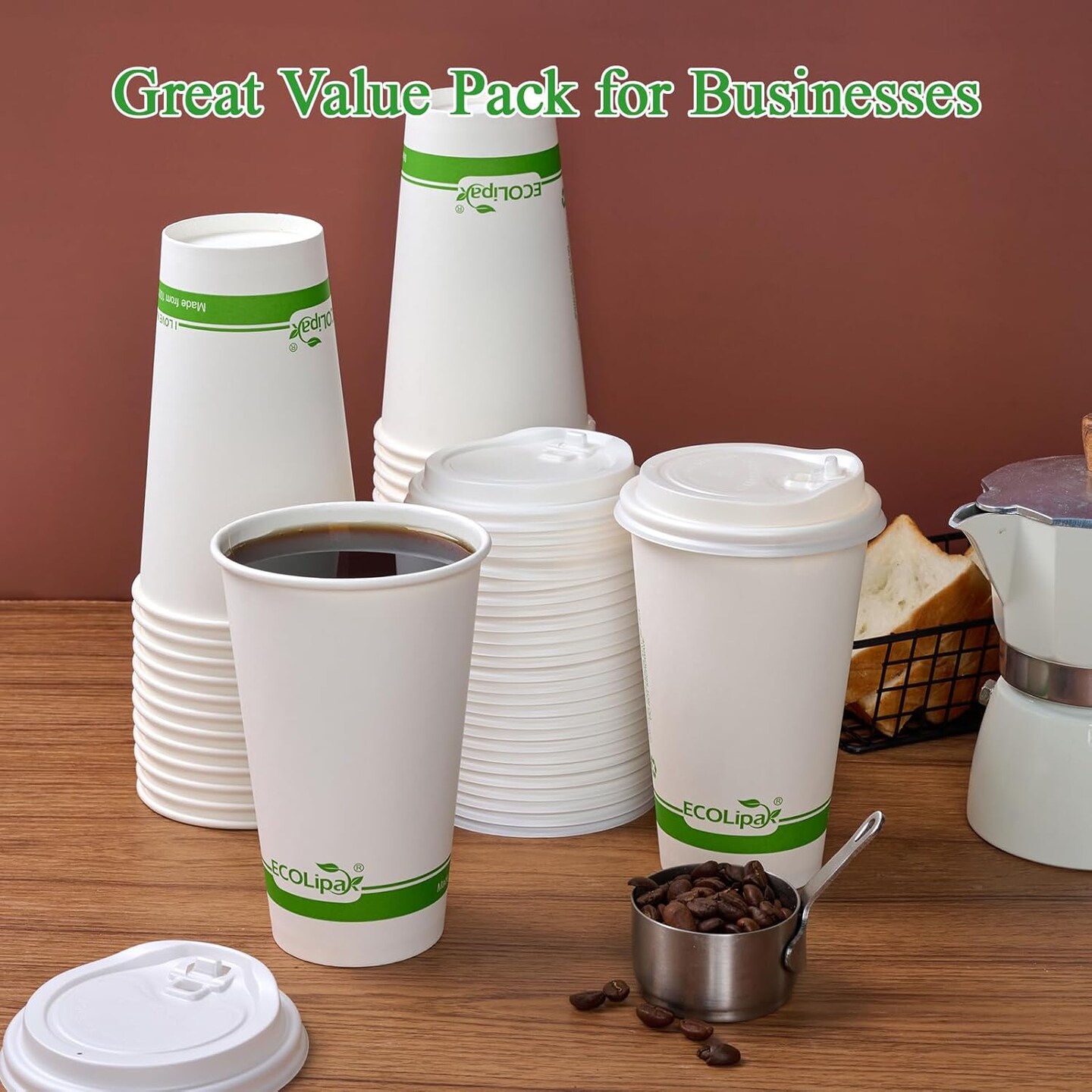 100 Count 16 oz Compostable Paper Coffee Cups, Biodegradable Disposable Coffee Cups with CPLA Lid, Eco-friendly Hot Drinking Cups for Party, Picnic, Travel,and Events