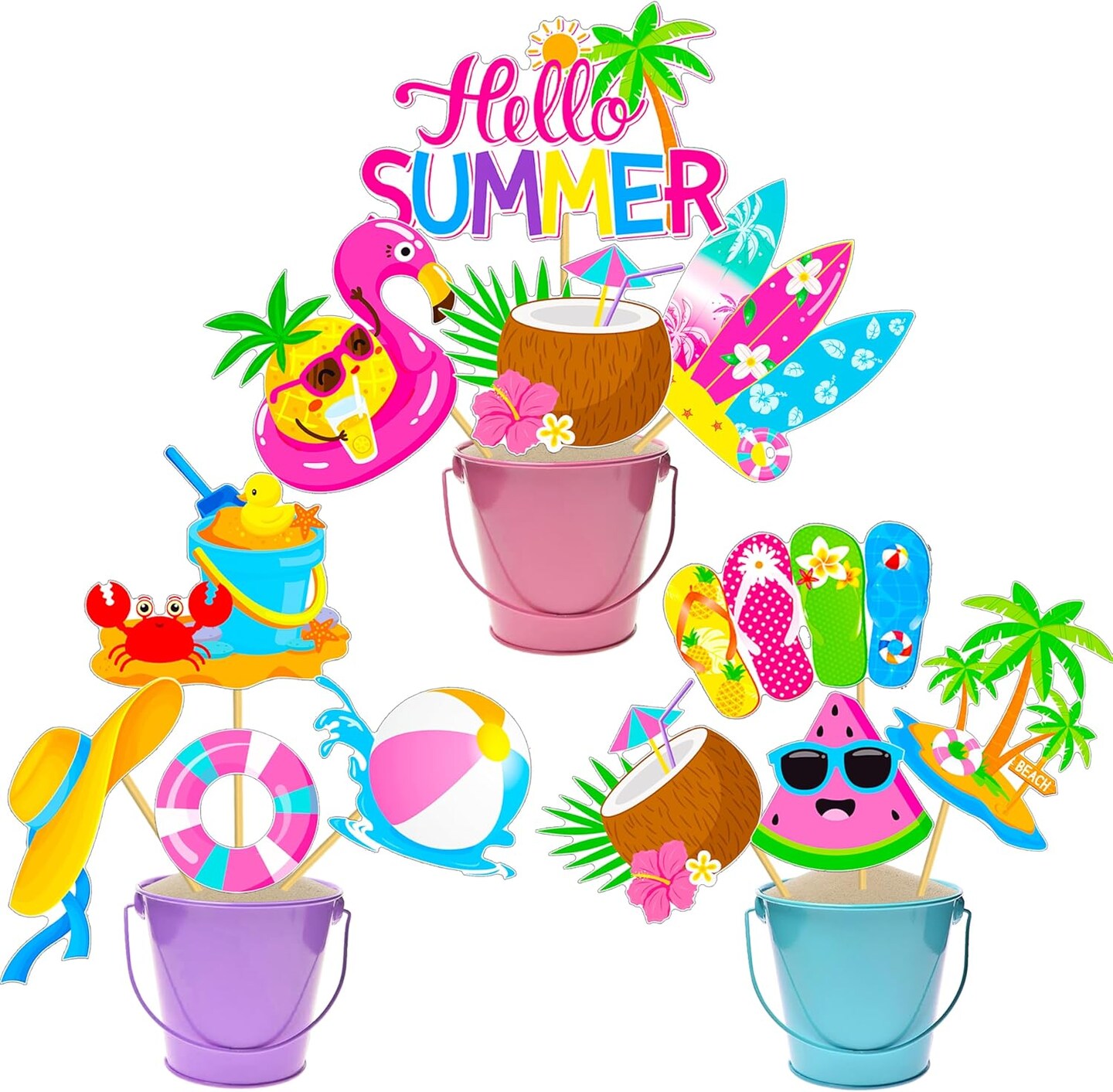 Hello Summer Party Centerpiece Sticks Beach Pool Centerpiece Decorations for GIrls Pink Summer Theme Table Toppers for Hawaii Beach Pool Party Baby Shower Supplies