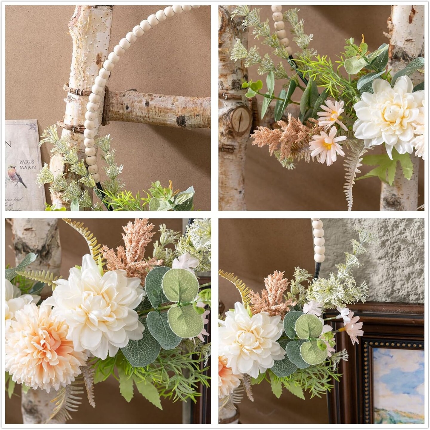 Artificial Flower Wreath for Front Door Floral Hoop Wreath Decor with Wood Beads Milk White Flowers Green Leaves Summer Home Decor