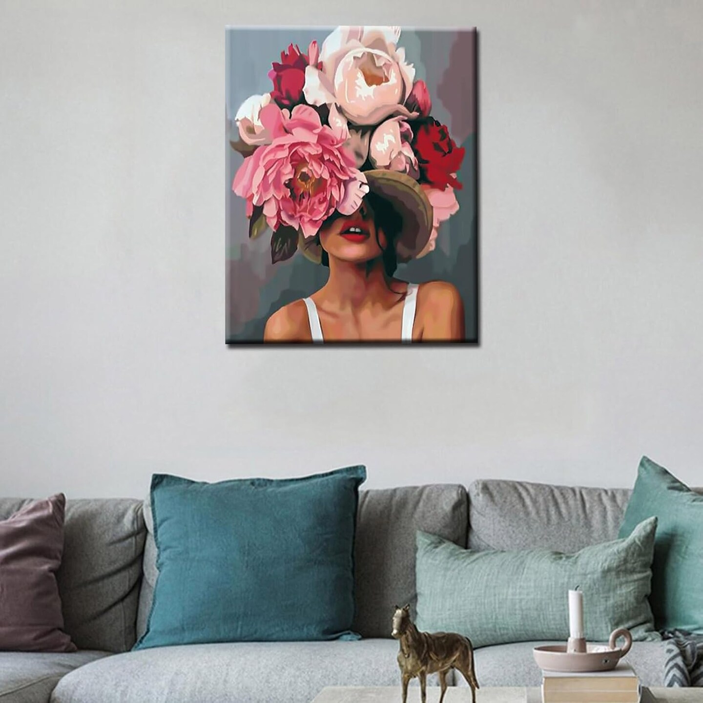 Girl with Flowers on Head Paint by Numbers for Adults Fashion Figure Lady Abstract Drawing Oil Paint by Numbers Modren Lady Head Flower Acrylic Oil Painting Set Without Frame-16''W x 20''H