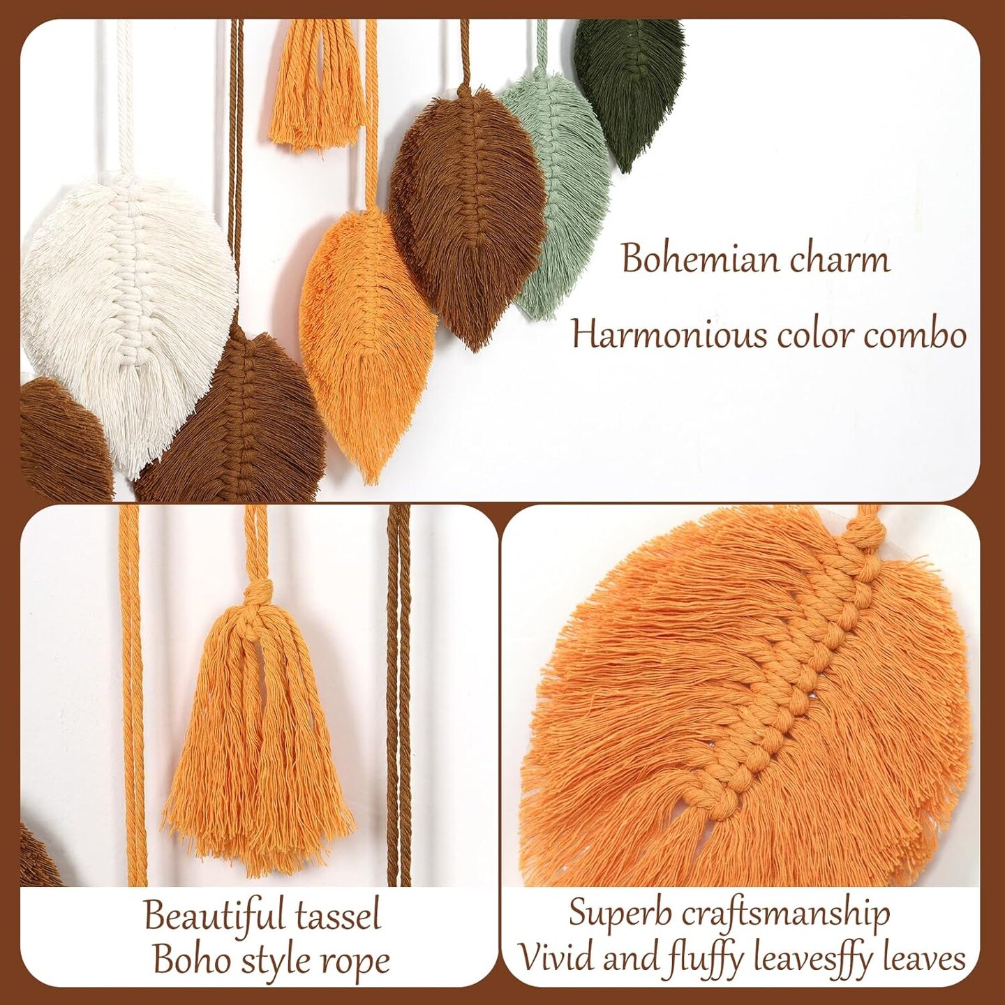Macrame Wall Hanging Boho Woven Tapestry Chic Home Decor Handmade Yarn Tassels Colorful Leaf Feather Wall Hanging Tapestry Bohemian Wall Art Decorations for Nursery Bedroom Living Room Backdrop