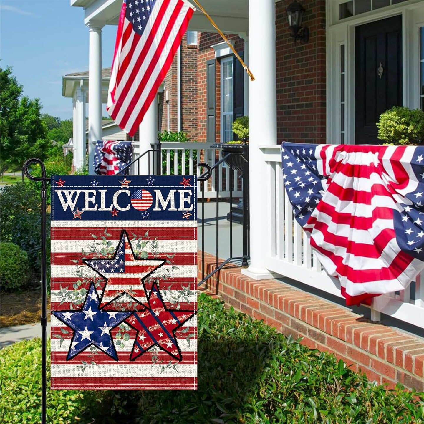 4th of July Garden Flag, featuring a double-sided patriotic leaf and stars-and-stripes design—perfect for Independence Day, Memorial Day, and outdoor welcome décor; linen yard flag, 12×18".