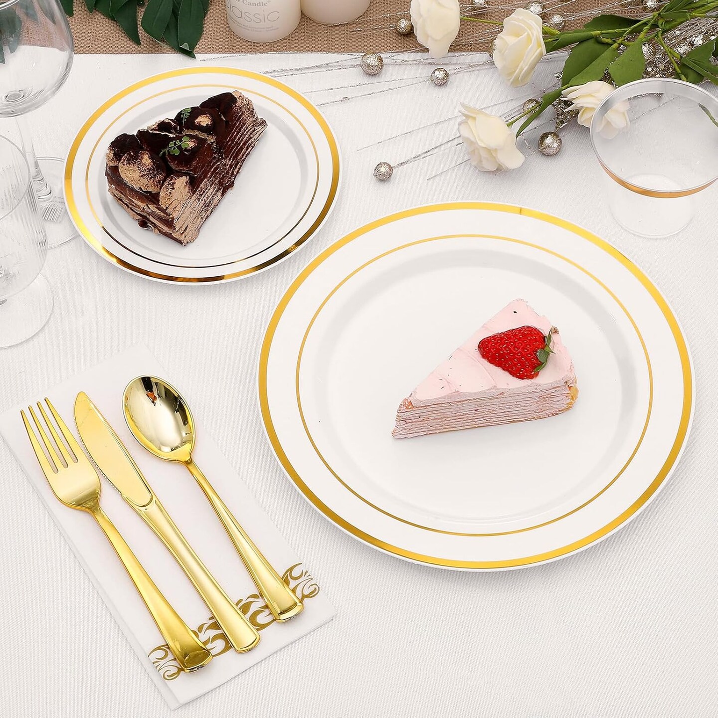 350-Piece Gold Rim Plastic Dinnerware Set – Elegant Disposable Tableware for 50 Guests, Perfect for Parties and Weddings. Includes Dinner Plates, Dessert Plates, Gold Silverware, Napkins, and Cups.
