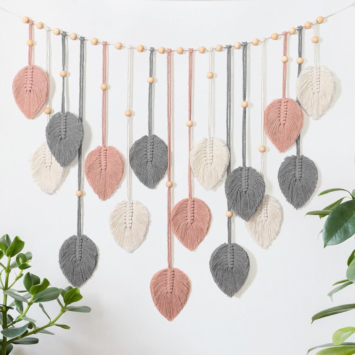 Macramé Wall Hanging – Boho Leaves Tapestry with Handmade Yarn Feathers, Chic Pink & Gray Woven Wall Art for Bedroom, Living Room, Nursery, or Office Backdrop