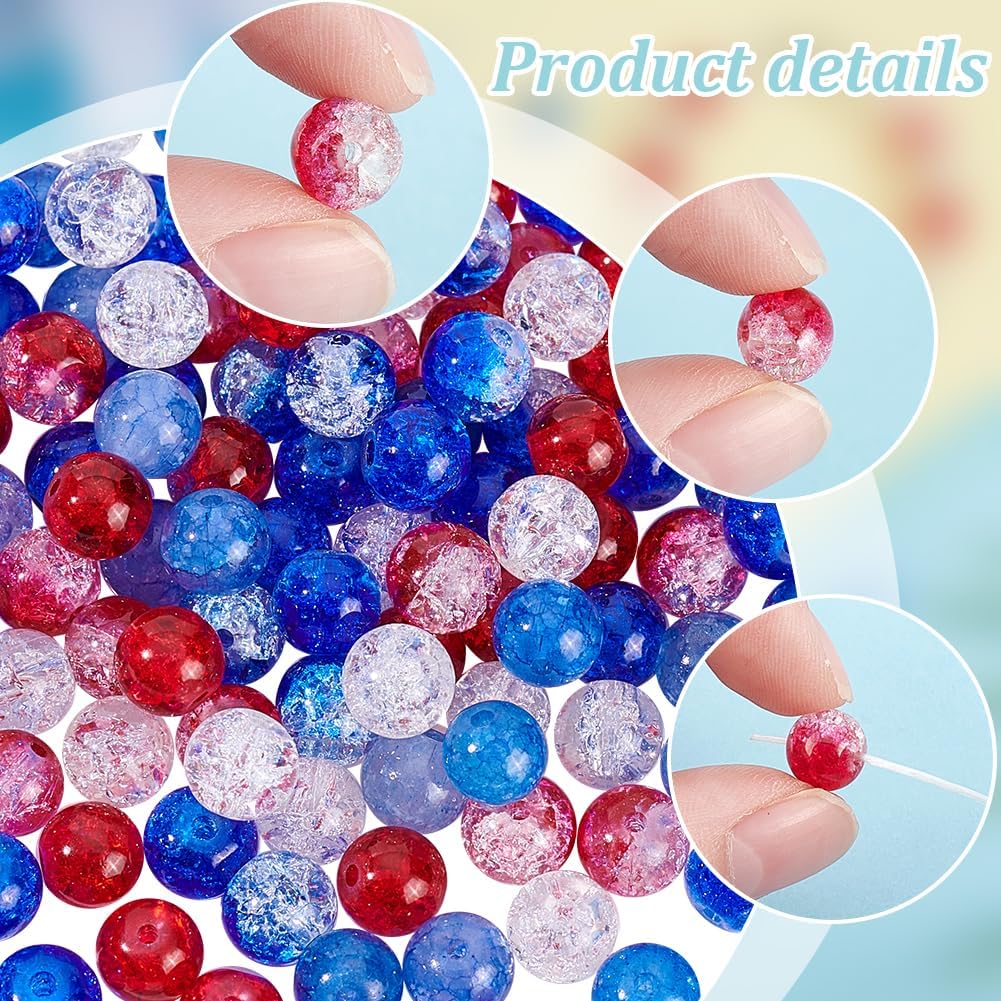 240pcs Red White Blue Glass Beads, 6 Colors Patriotic Beads 8mm Round Glass Beads Crackle Loose Beads for Beaded Baseball Necklace