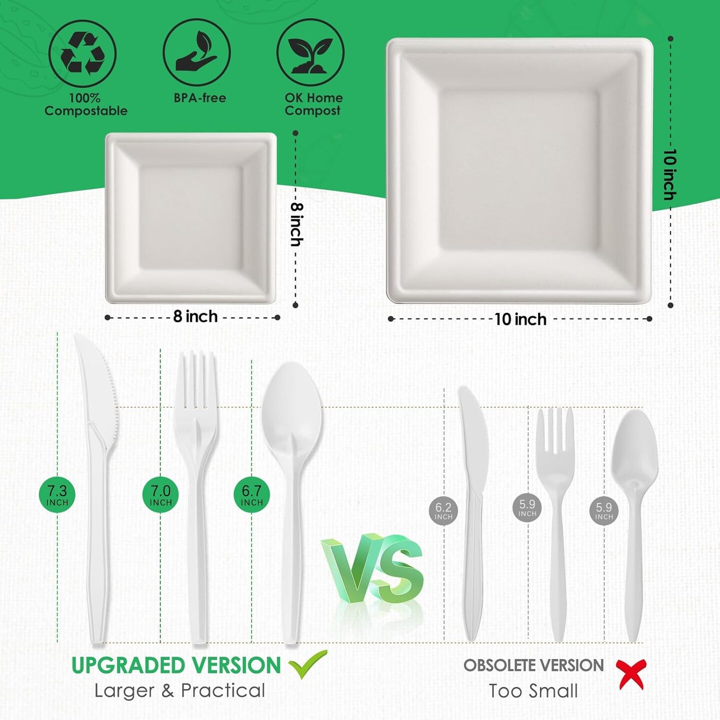 300-piece compostable paper plates set, featuring 10-inch eco-friendly white square plates made from sugarcane pulp. This set includes biodegradable napkins and heavy-duty disposable utensils, perfect for parties and events, offering a sustainable an
