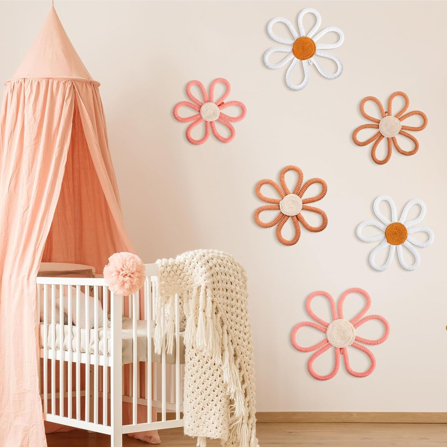 6-Piece Boho Nursery Décor – Daisy Flower Woven Macramé Wall Hangings, 3 Sizes, Pink, Brown & White, Bohemian Wall Art for Nursery, Home, or Dorm