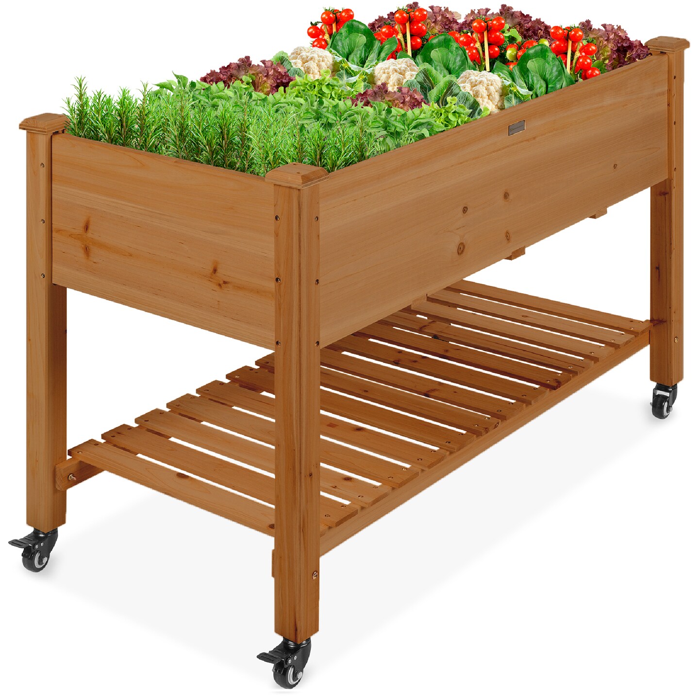 Best Choice Products Raised Garden Bed 48x23x32in Wood Mobile Elevated Planter w/ Wheel Locks, Shelf, Liner