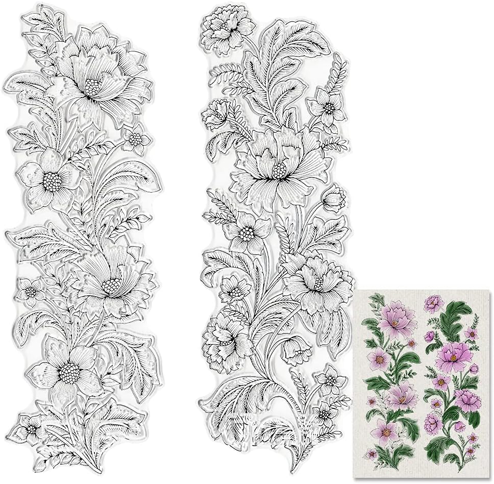 Flower Clear Stamps for Card Making, Leaves Flower Frame Background Transparent Silicone Clear Rubber Stamp Seal