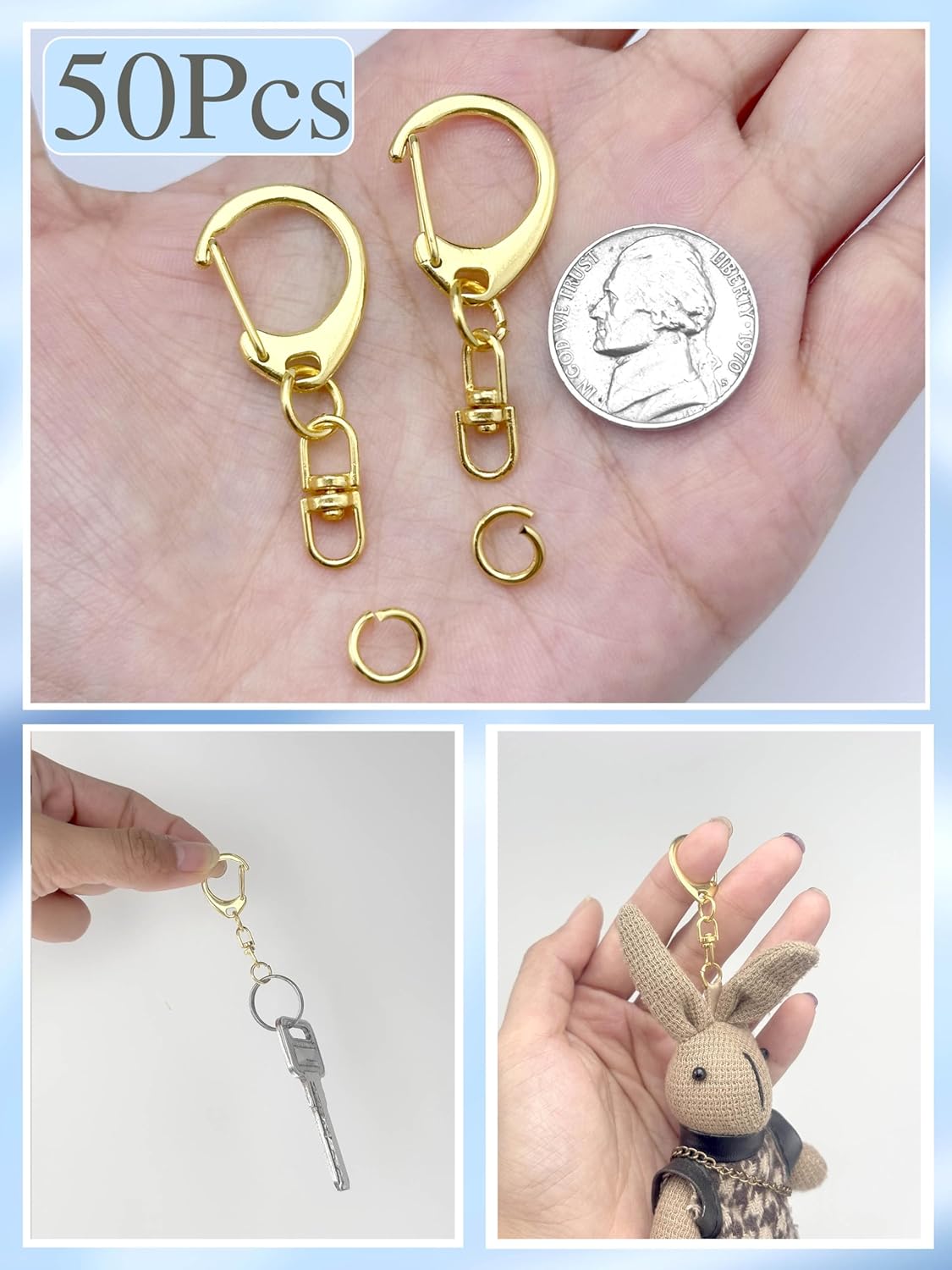 50-Piece Gold Lobster Claw Clasps and Swivel Snap Hooks Set – Perfect for keychain rings, DIY projects, and craft making.