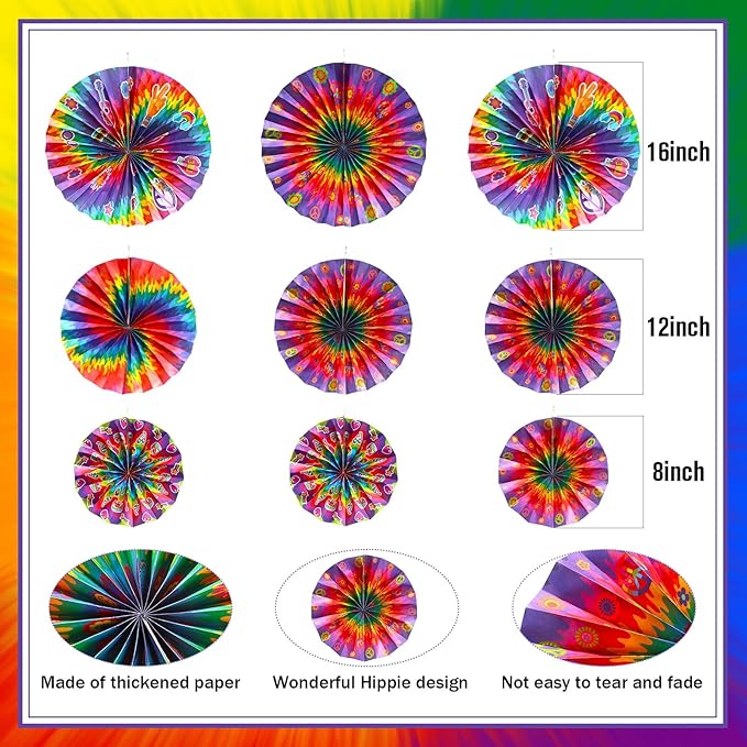 9 Pcs Tie Dye Party Supplies Groovy Hippie Hanging Paper Fans Classroom Decoration 60s Party Ceiling Wall Decor Fans Peace and Love Sign for Carnival Hippie Groovy Theme Birthday Ceiling