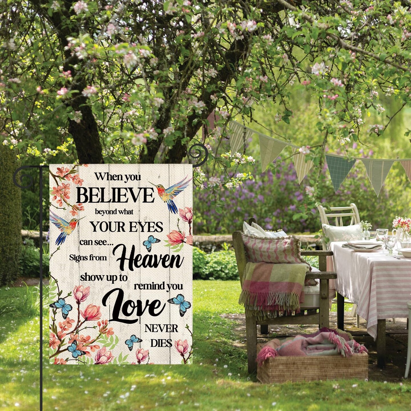 Hummingbird Memorial Garden Flag 12x18 Inch Double Sided Outside, Love Never Dies Memorial Day Gravesite Saying Spring Yard Outdoor Decoration