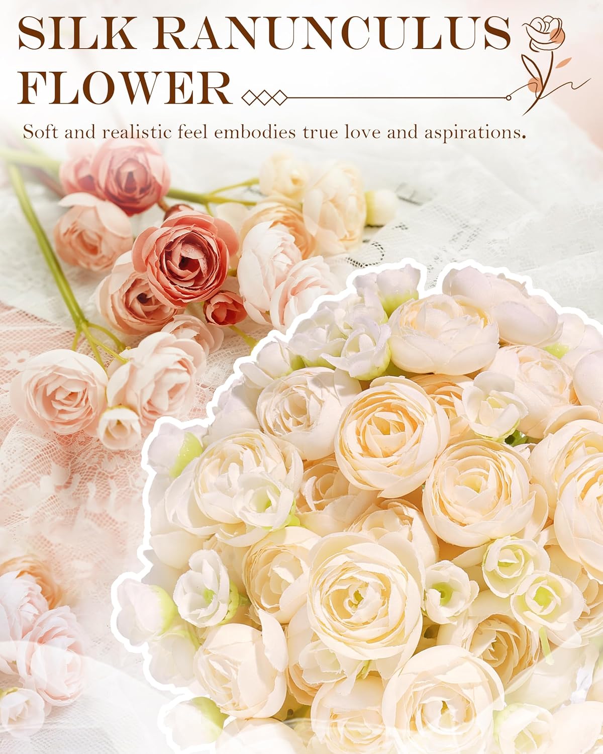 24 Pcs Ranunculus Artificial Flowers, Faux Ranunculus Flowers Bulk, Fake Peonies Look Real - 4 Blooms per Stem, Silk Flowers Bouquets for Wedding, Spring - Perfect Match to Tulips &#x26; Peonies, Cream