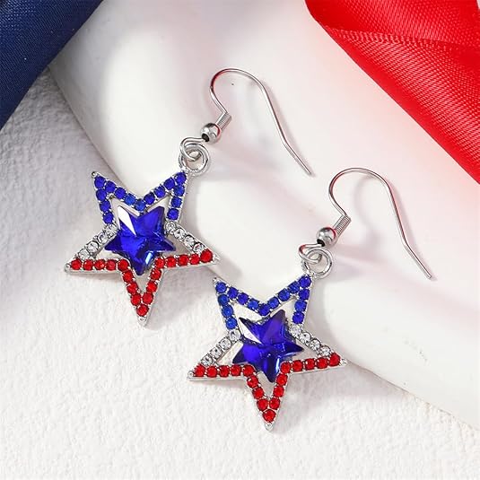 American Flag Earrings 4th of July Earrings for Women Red White Blue Star Heart USA Dangle Drop Earrings Independence Day Patriotic Earrings Holiday Gifts