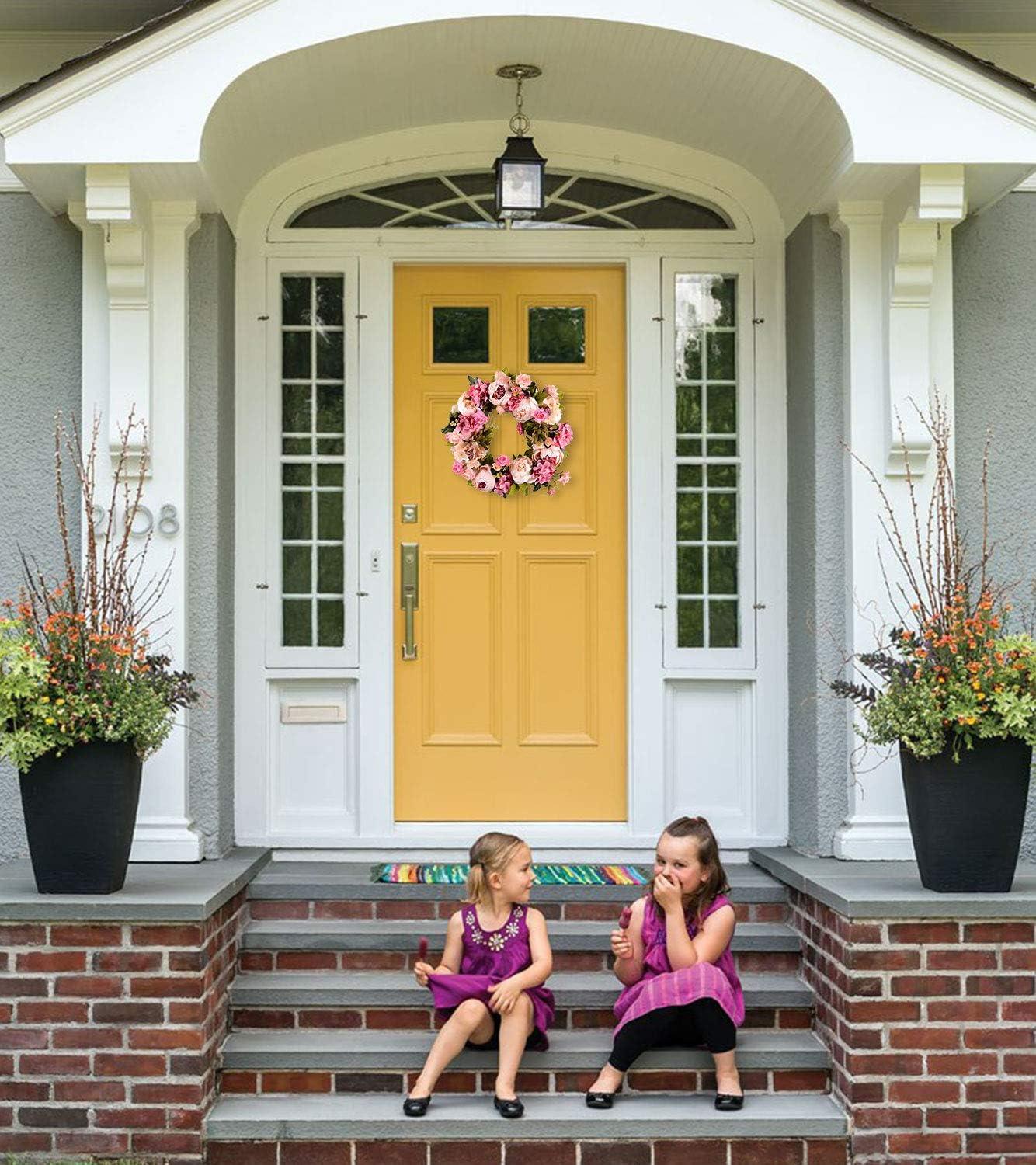 Artificial Peony Flower Wreath - 15" Pink Flower Door Wreath with Green Leaves for Spring