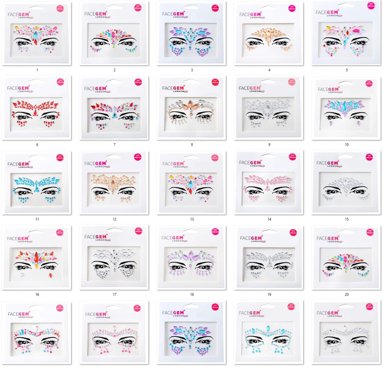 Face Gems – 21-Piece Adhesive Glitter Jewel Tattoo Stickers for Festivals, Raves, Parties, and Body Makeup