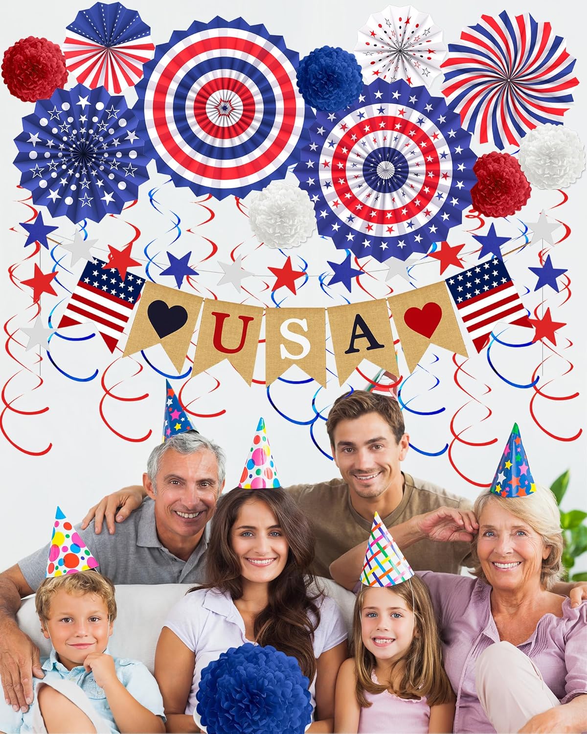 33-Piece Patriotic Decorations Set, 4th of July & Memorial Day Hanging Swirls and Stars, Red White & Blue Streamers and USA Banner for Indoor and Outdoor Parties, Veterans Day and Independence Day Decor
