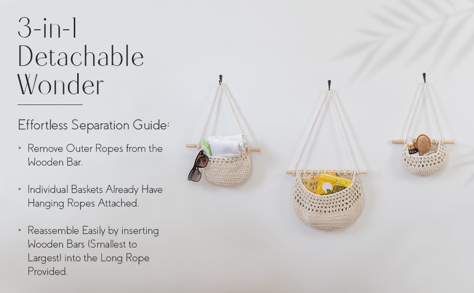 Cotton Fruit Basket, Handmade Hanging Fruit Basket 3 tier, Kitchen Storage, and Home Storage, Vegtable Wall Hanger, Macrame Decor (White)