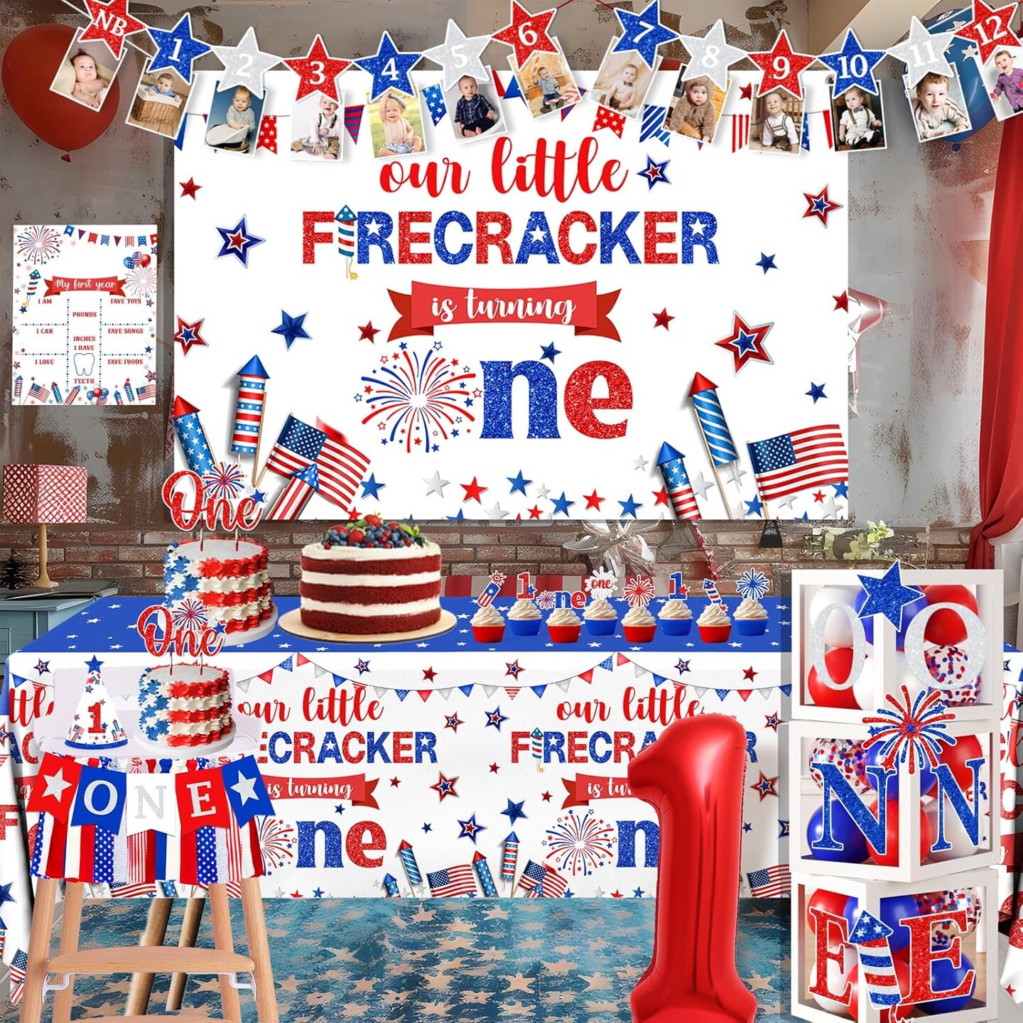 4th of July Birthday Decorations, Little Firecracker First Birthday Party Supplies Backdrop Balloon Box Cake Cupcake Topper Tablecloth for Baby Shower Memorial Day Independence Day Decorations