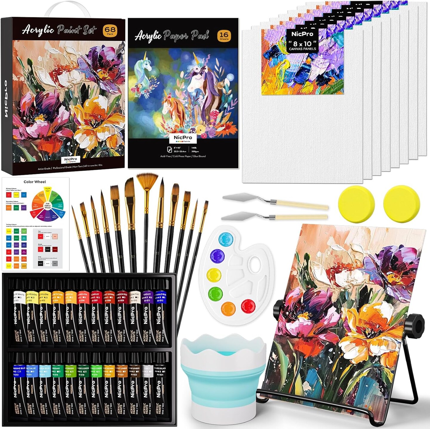 68PCS Acrylic Paint Canvas Set for Adults & Kids, Art Painting Supplies Kit with 24 Paints,Table Easel,8 Canvas Panels,12 Brushes,Paper Pad,Cleaning Cup,Sponge,Palette for Artist Beginner