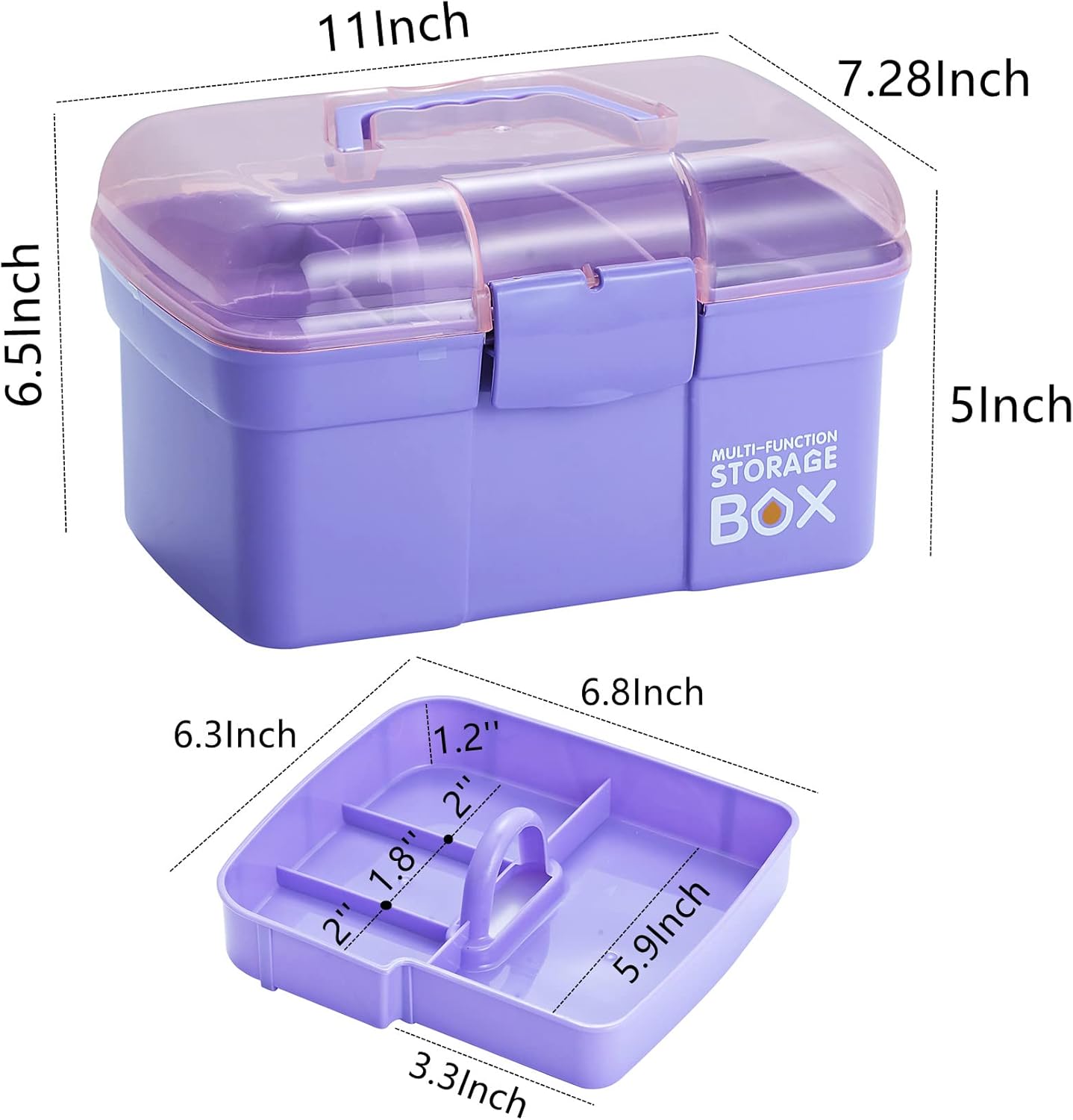 11&#x22; Plastic Box Organizer with Removable Tray &#x2013; Sewing Box Organizer (Purple)