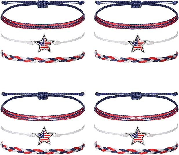 4 Sets 4th of July Bracelets Independence Day Favors Red White Blue Bracelets Bit Charm Handmade String Bangle Patriotic Jewelry Supplies Gifts for Christmas Gift