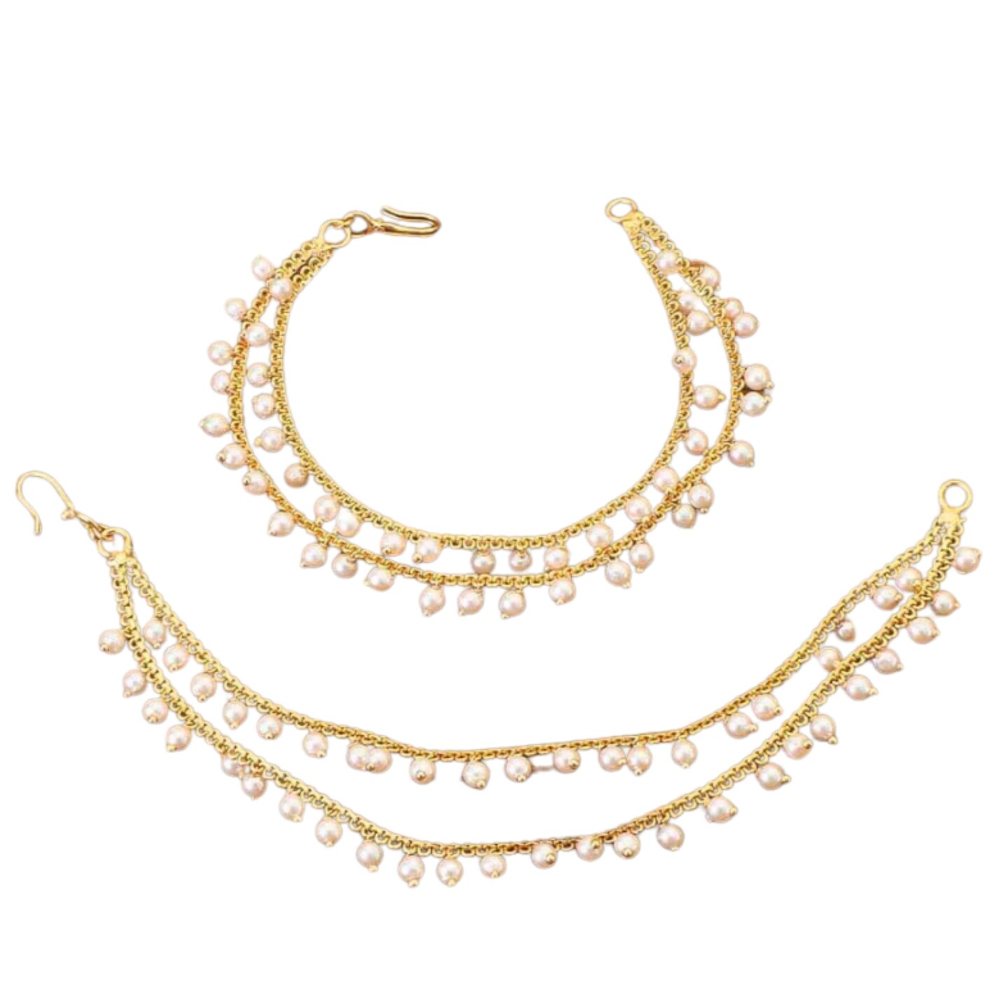 Indian Traditional Ear Chains for Women - Indian Jewellery for Earring Support Double Layered Long Gold Tone Earring Chain Ear to Hair Chain Jewelry Faux Pearl Hair Accessory Bridal Jewelry