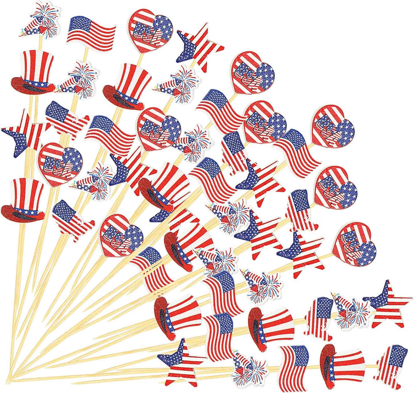 240 Pcs 4th of July Toothpick Patriotic Cocktail Picks American Flag Cupcake Topper 4.72 Inch Bamboo Fruit Sticks for Independence Day USA Party Favors Decorations Supplies, 6 Styles