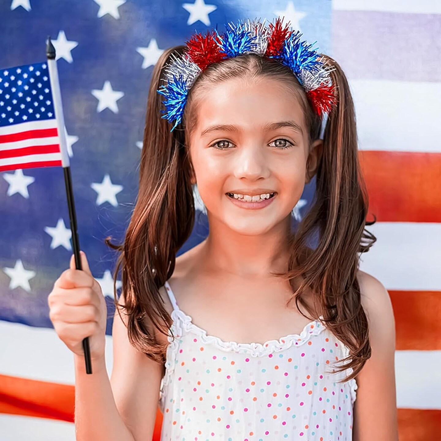 4th of July Headband Patriotic Hair Hoop Head Boppers Red White Blue Glitter Tinsel Headband for Women Girls Flashing Design Independence Day Hair Accessories for Veteran&#x27;s Day and Memorial Day