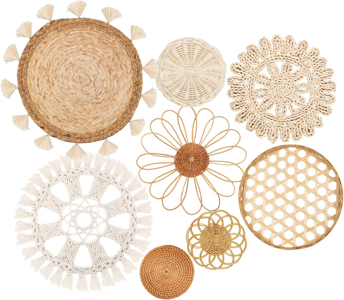 Boho Wall Basket Decor Set of 8 Flat Woven Baskets with Round Tassels, White Macrame Tapestry Wall Art, Handmade Rattan, Wicker, and Seagrass Home Wall Decor (Boho Classic)