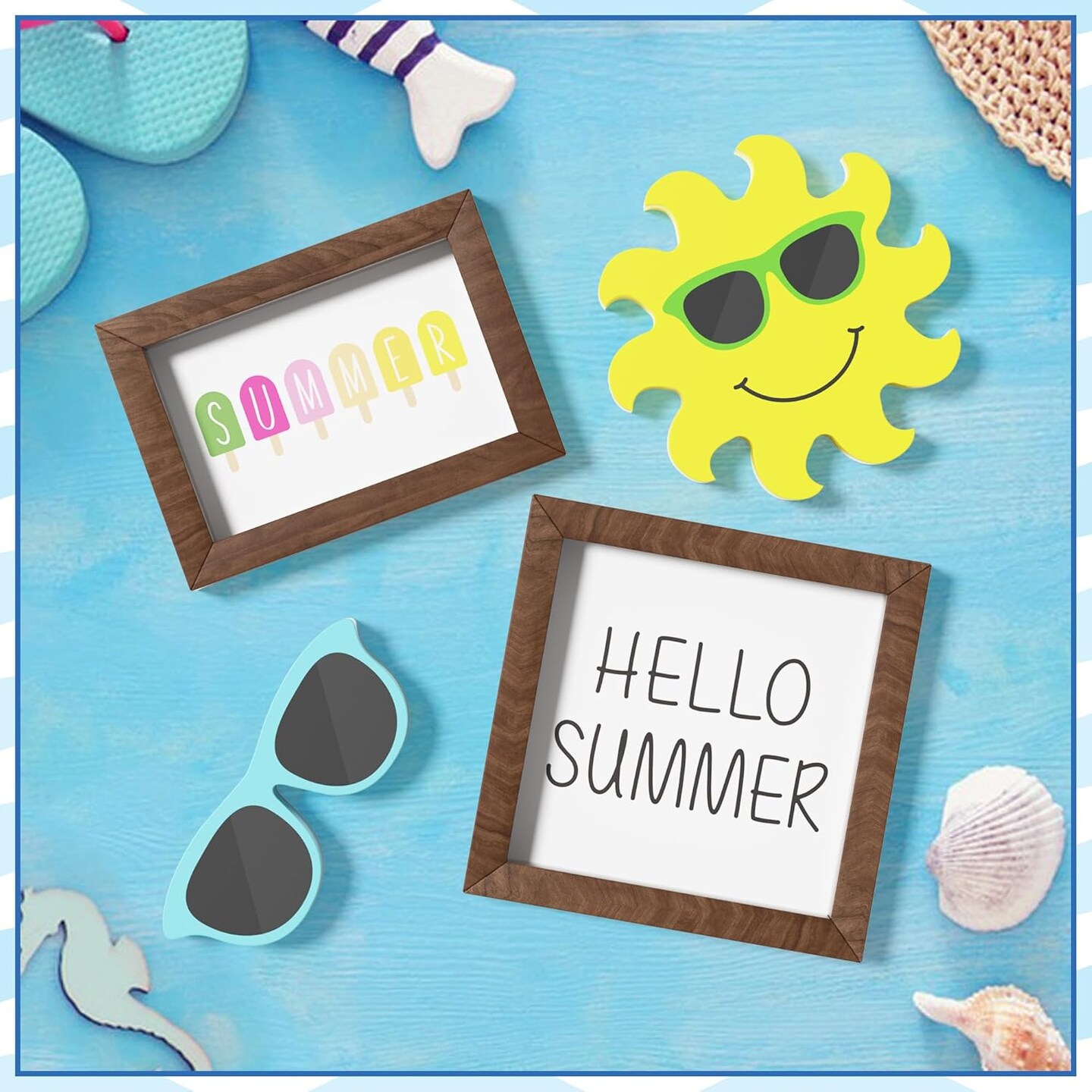 Summer Decorations Wooden Tiered Tray Decor, Hello Summer Sun Sunglasses Wooden Signs Table Decor