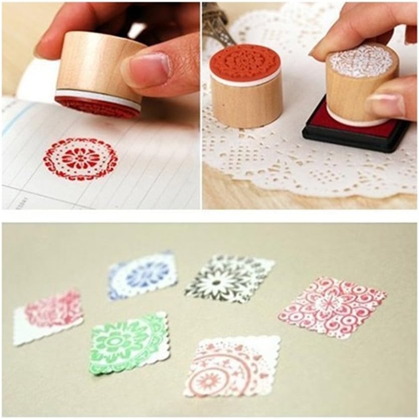 6 Pieces Floral Pattern Round Wooden Rubber Stamp for Scrapbooking