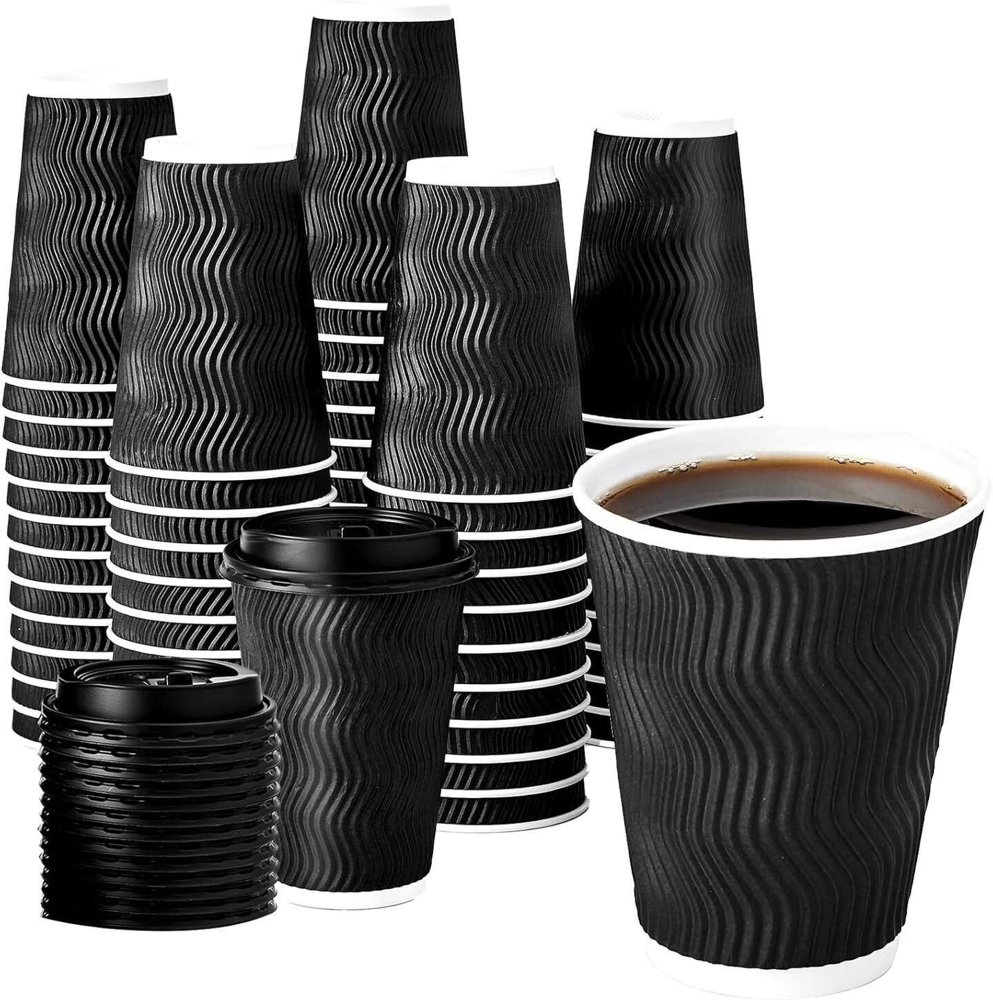 12 oz Coffee Cups with Lids, 60 Pack Insulated Corrugated Paper Cups, Disposable Coffee Cups for Water, Juice, Coffee (Black 12 oz)