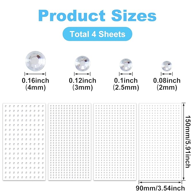 4 Sheets Mini Gems Stickers for Nose, Ear, Eyes, Face Jewels Stick on, Adhesive Rhinestone Makeup for Festivals, Parties, Daily Use for Women, Girls (2mm, 2.5mm, 3mm, 4mm, Silver)