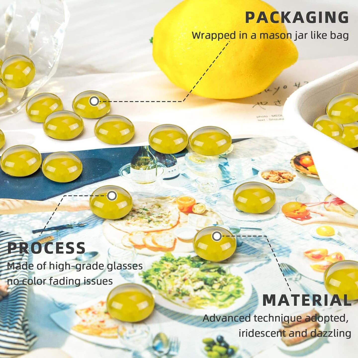 1LB Yellow Flat Glass Marbles, Glass Beads Floral Pebbles Decorative Rocks Gold Gemstones Vase Fillers for Centerpieces Table Scatter Aquarium Fall Home Decor