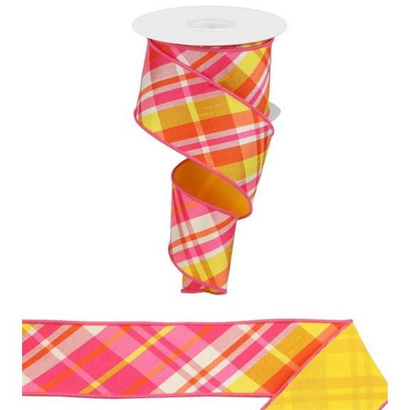 2.5&#x22; Diagonal Plaid Fused Ribbon: Hot Pink/Yellow (10 Yards)