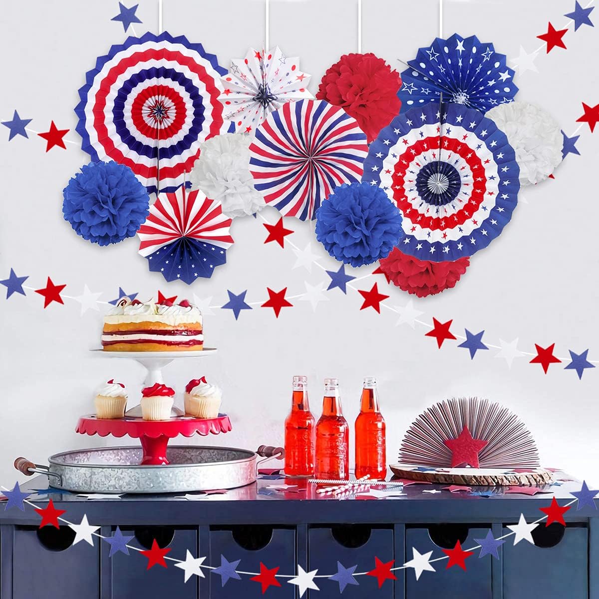 4th of July Patriotic Party Decorations Set, American Flag Hanging Paper Fans, Paper Flower Balls Pom Poms, 4Pcs Star Streamers Banner Garland Independence Day Party Supplies