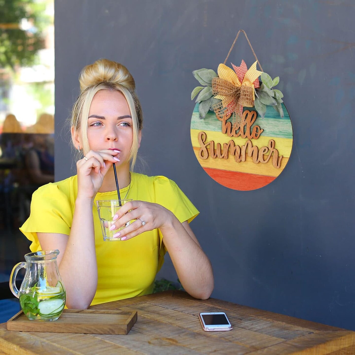 Summer Wooden Hanging Sign Welcome Sign Front Door Rustic Gradient Color Wood Sign Door Hanger Holiday Farmhouse Home Office Shop Window