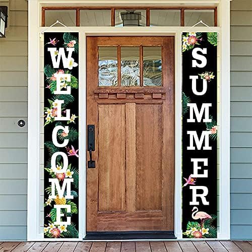 Welcome Summer Porch Sign, Floral Flamingo Welcome Summer Banners for Outside Door, Hawaii Party Decorations, Hanging Banner Flag, Door Hanging Banners Supplies