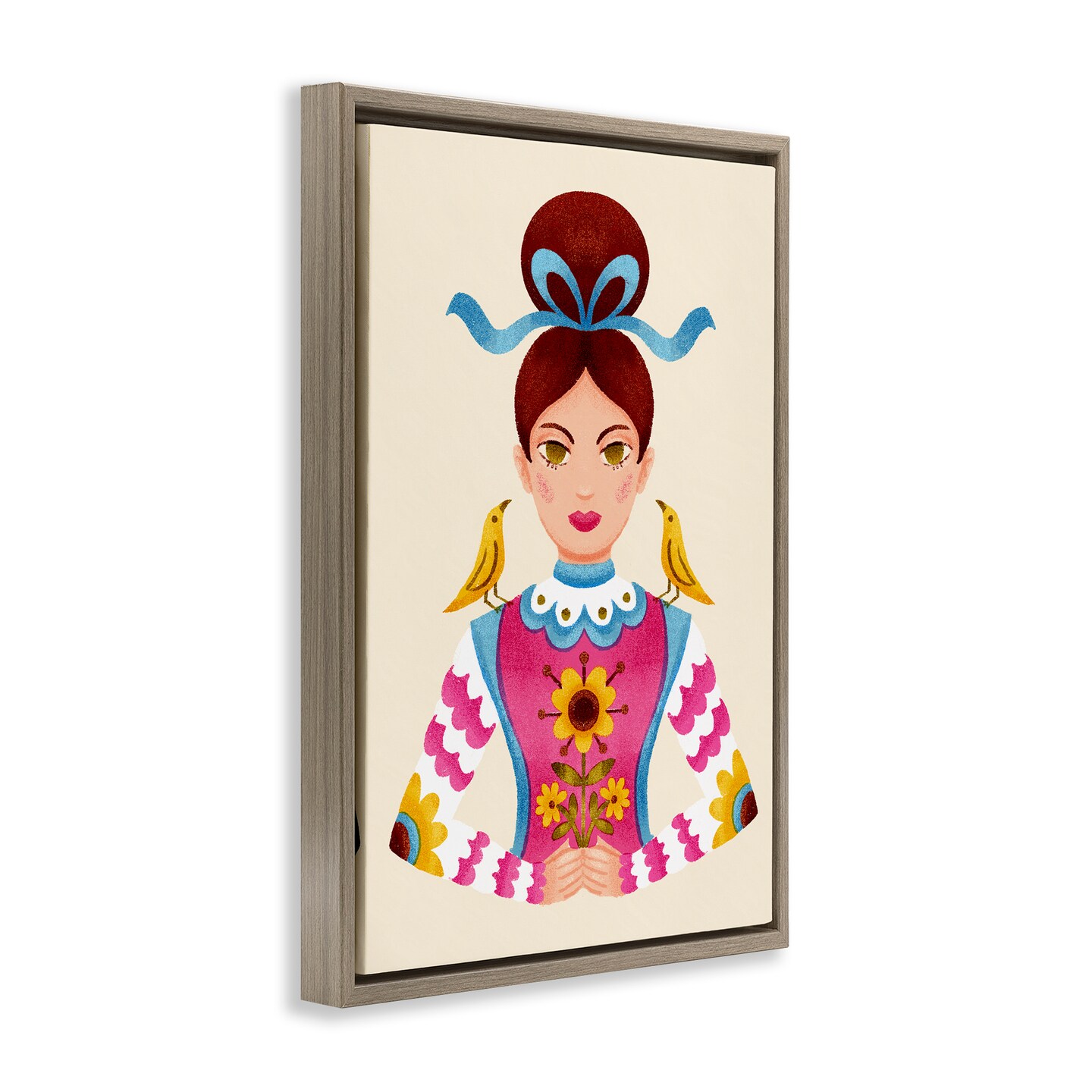 Stupell Industries Brunette Girl with Birds Floating Frame Design by Hannah Moren