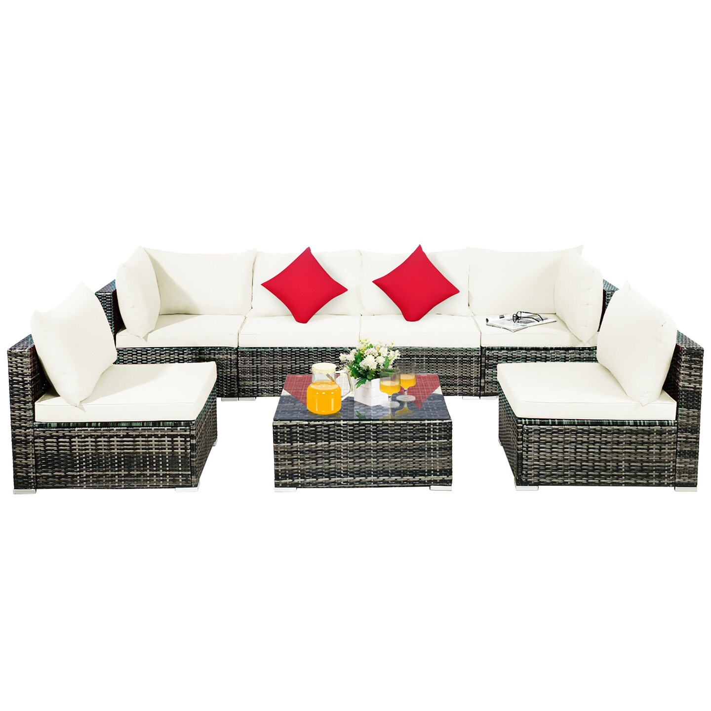 Costway 7PCS Patio Rattan Furniture Set Sectional Sofa Garden White Cushion