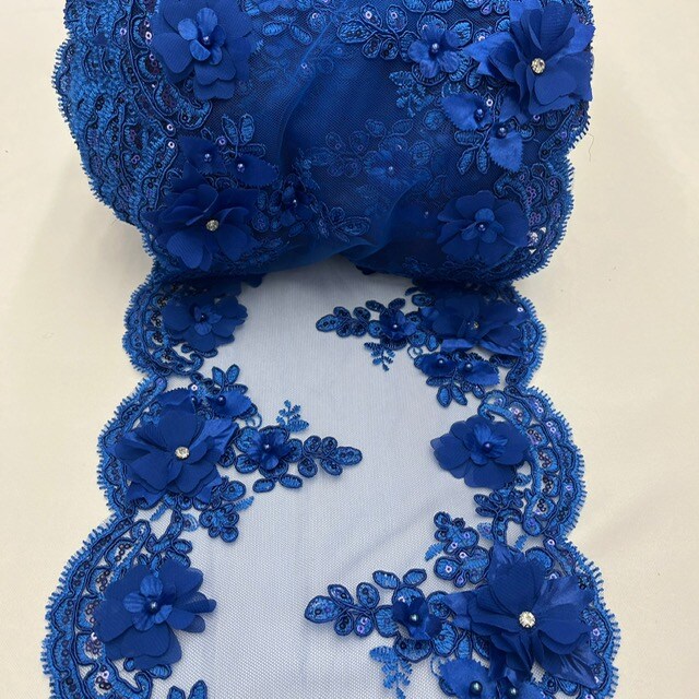 3 Yard Sequin 3D Lace Fabric 22.86 cm Wide Mesh with Pearls, Beads & Embroidery 100% Polyester